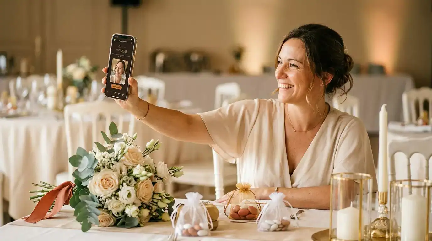 Femme se prenant en selfie lors d'un baptême, table décorée de fleurs et dragées en arrière-plan.