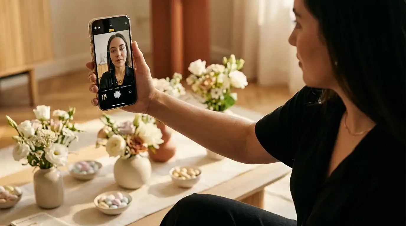 Jeune femme prenant un selfie lors d'une cérémonie de baptême, entourée de fleurs et dragées sur la table.