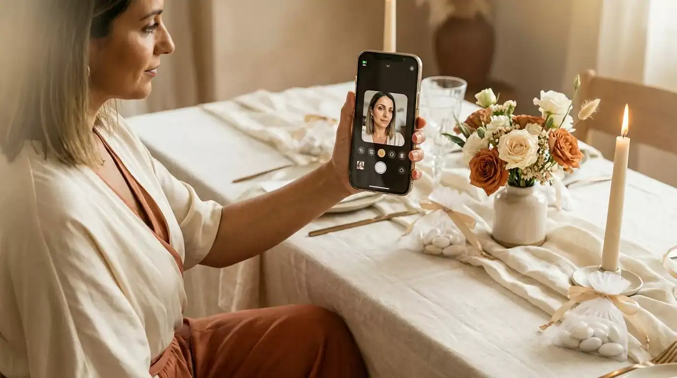 Femme en tenue de baptême prenant un selfie, téléphone visible en premier plan, dragées et bouquet de fleurs sur la table.