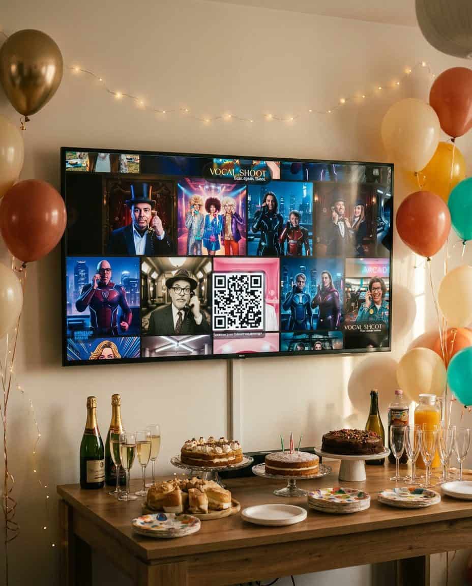 Un grand écran de télévision affiche l'image de référence dans un salon décoré pour un anniversaire, avec des ballons colorés flottant autour, une petite table de buffet garnie de petites bouchées, le tout baignant dans une ambiance festive et chaleureuse chez Jean.