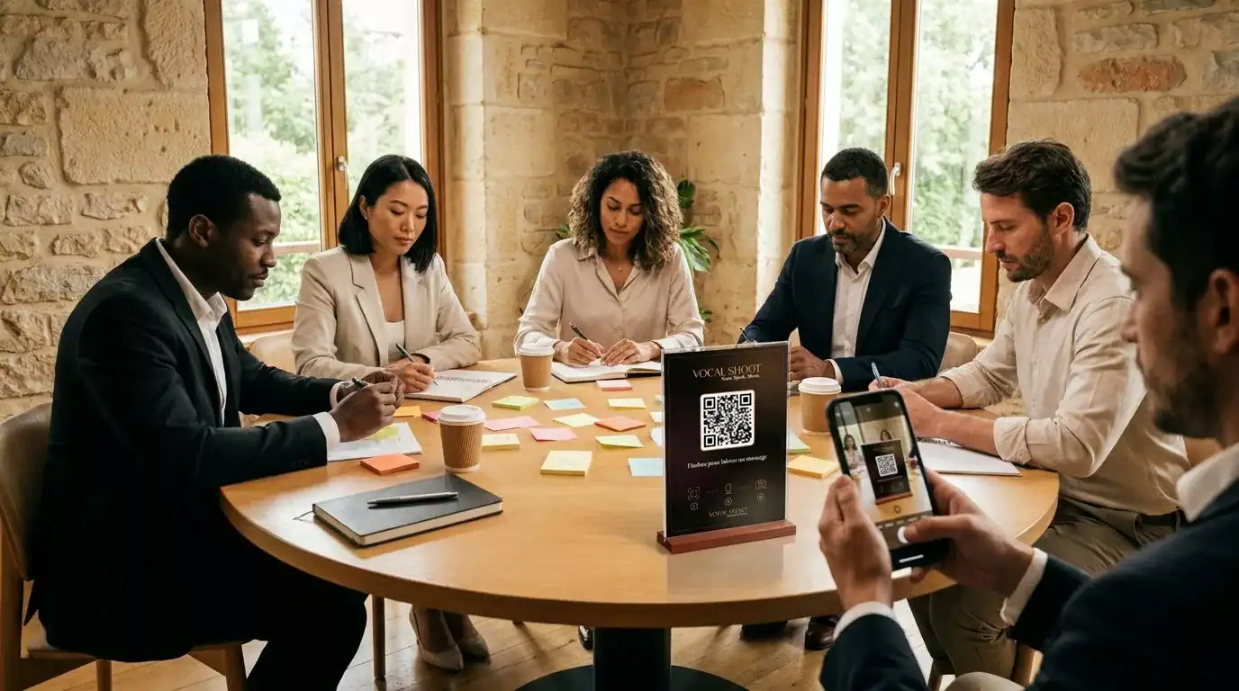 Homme assis à une table ronde avec collègues, post-it visibles, salle pierre avec fenêtres, QR code sur présentoir à scanner.