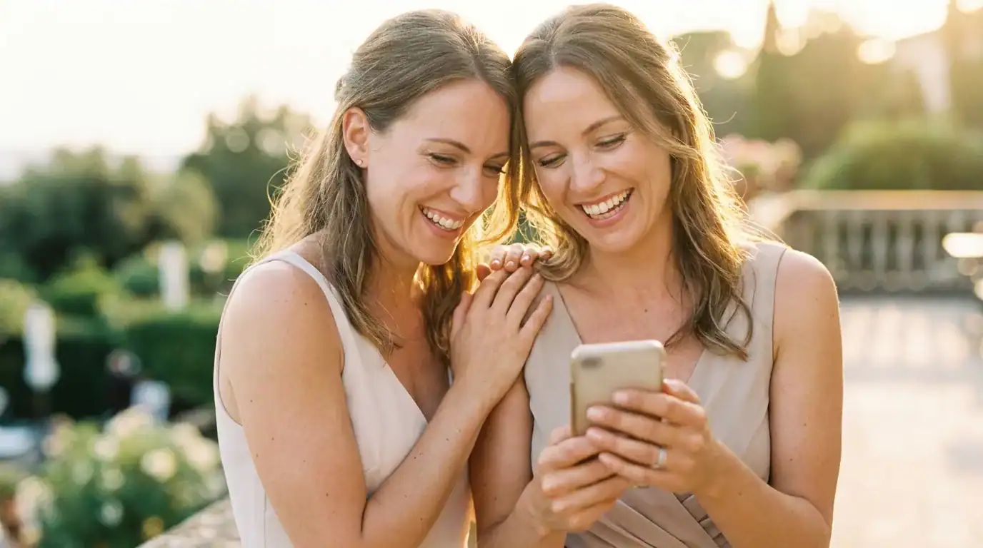 Deux femmes en robe de cocktail consultent ensemble un téléphone lors d'un mariage en fin d'après-midi, partageant un moment complice et souriant.