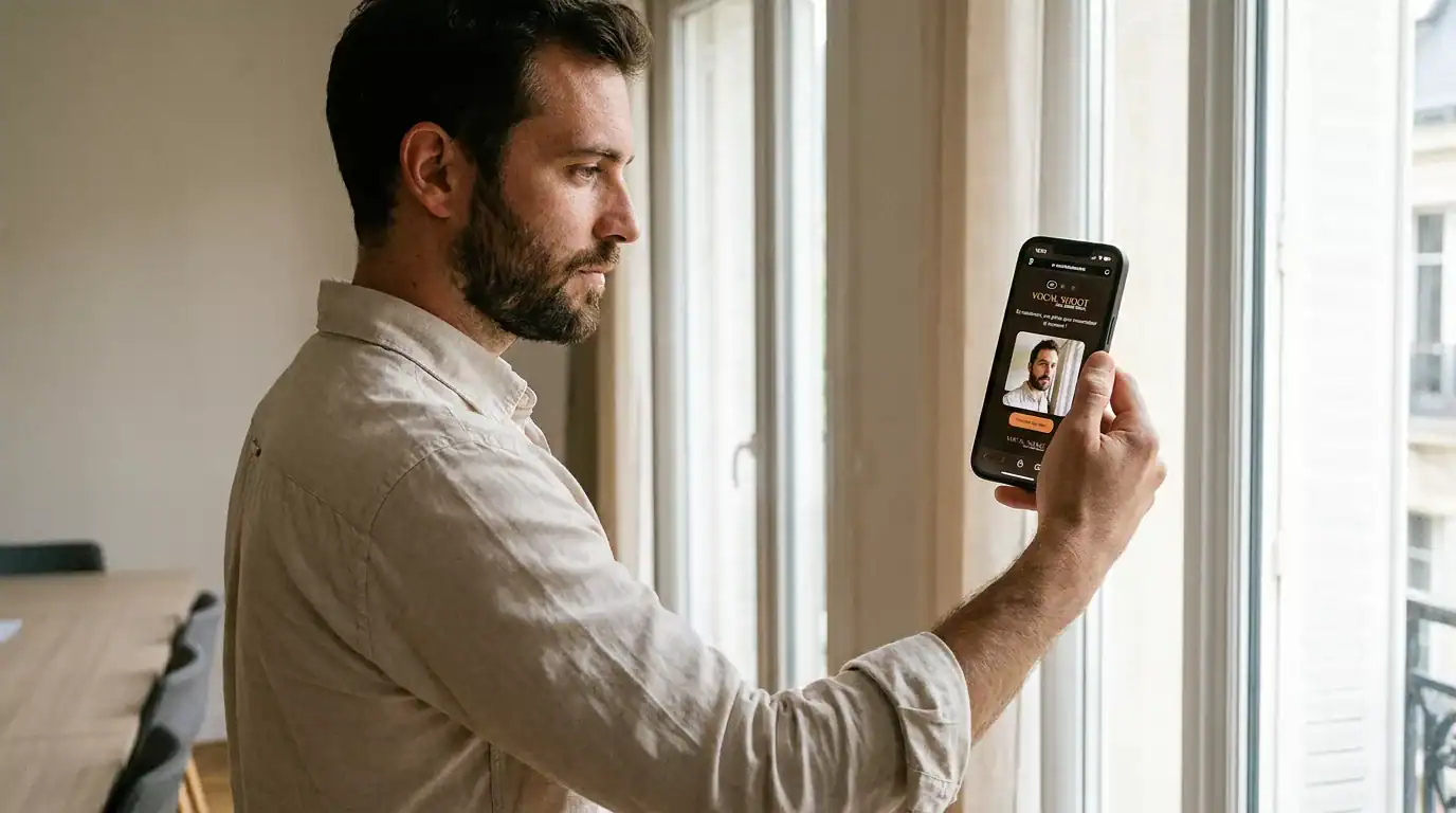 Homme en tenue décontractée consulte attentivement un message vocal sur son smartphone près d'une fenêtre lumineuse en environnement professionnel.
